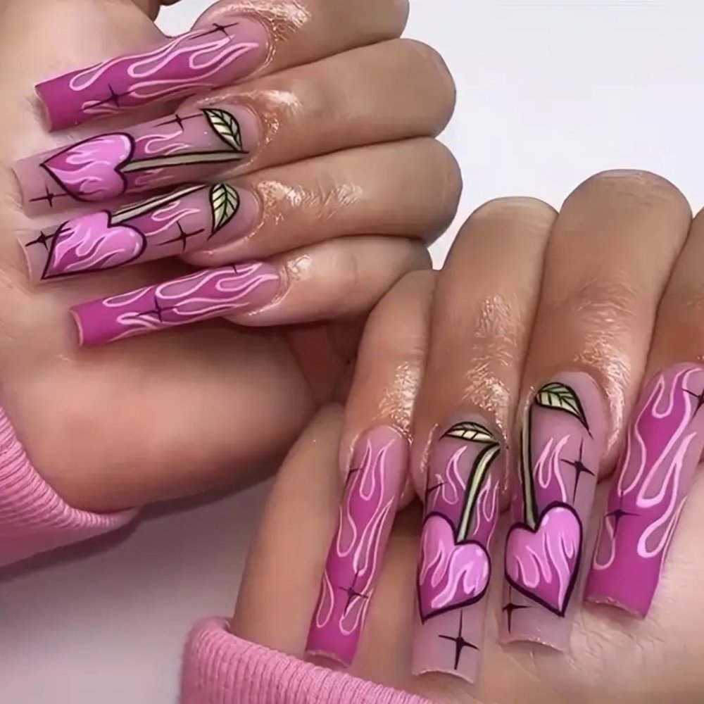 24pcs Long Ballet Fake Nails Matte Pink Purple Flame Fashion False Nails